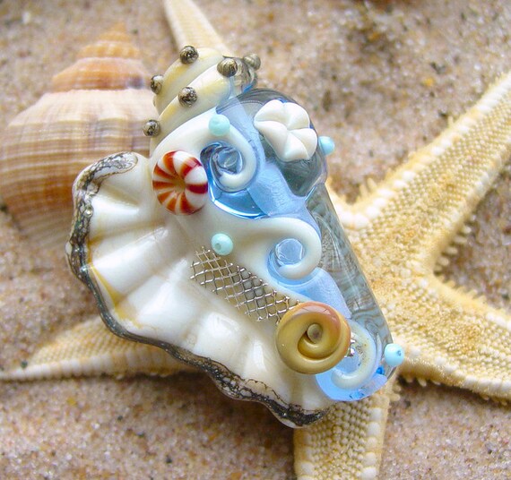 Pale Blue Conch Shell Focal Bead SRA Handmade Glass Lampwork