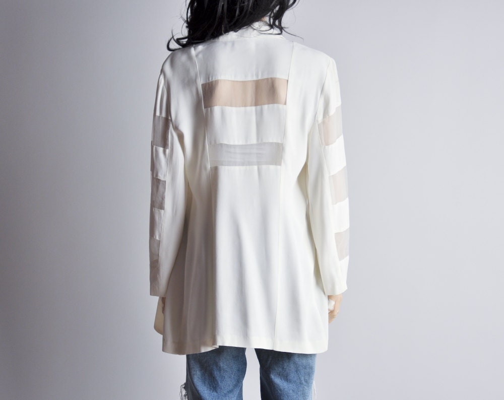 white sheer cut out oversized boyfriend blazer / s / m