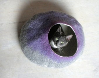 Cat Cave / Bed / House / Vessel - Hand Felted Wool - Gray to Purple Bubble - Crisp Contemporary Design