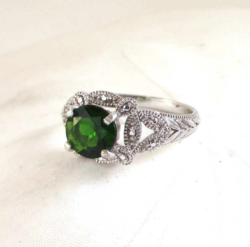 Russian Chrome Diopside Ring .925 Sterling Edwardian Style