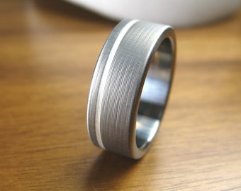 Titanium Silver Pinstripe Wedding Ring Comfort Fit