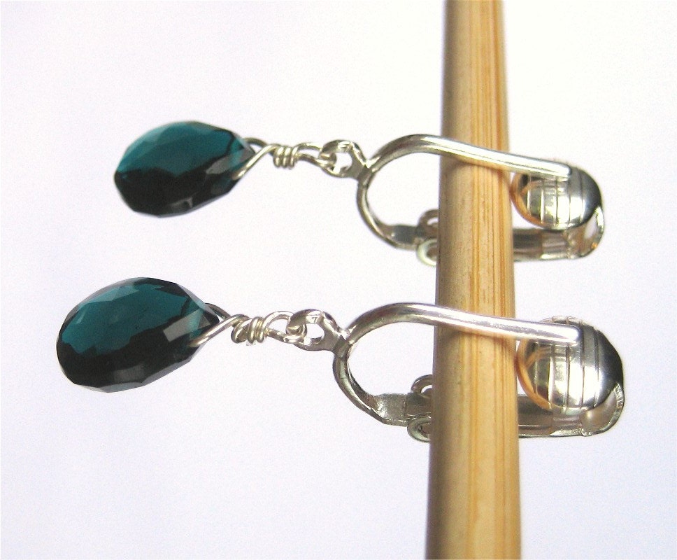 Dark Teal Quartz Clipon Earrings Silver Ear Clips Small