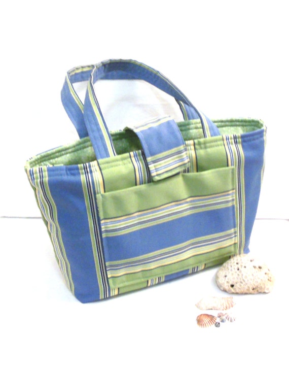 Beach bag pockets, large tote beach bag, blue and green striped cotton ...
