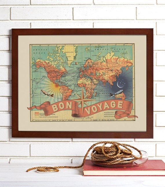 Vintage Map Wall Art, Bon Voyage, Lithograph