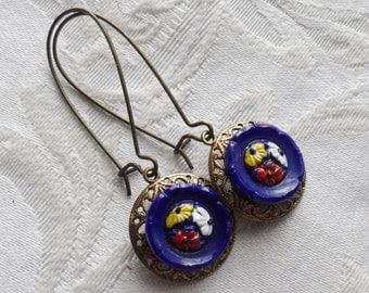 Calico Blue, Vintage Glass Button Earrings