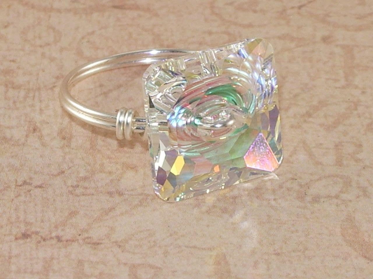 Crystal Cocktail Ring Swarovski Clear AB Rainbow Square