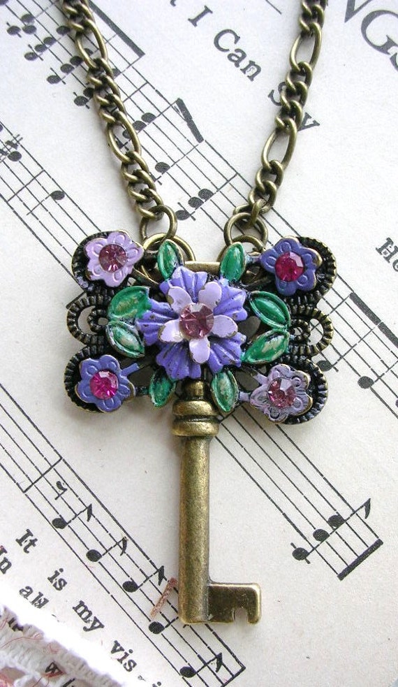 Antique Brass Style Skeleton Key Necklace Enamel Flowers