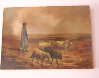 Antique Oil Painting . Girl with Sheep