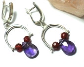 Silver Dangle Earrings-Gemstone Sterling Earrings-Drop Gemstone earrings- Artisan earrings-Carnelian and Amethyst Beads Silver Dangle Earrings-Gemstone Sterling Earrings-Drop Gemstone earrings- Artisan earrings-Carnelian and Amethyst Beads