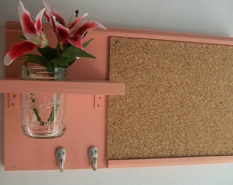 Pretty in Pink Wall Shelf Cork Bulletin Board Message Center Hooks Cottage Country