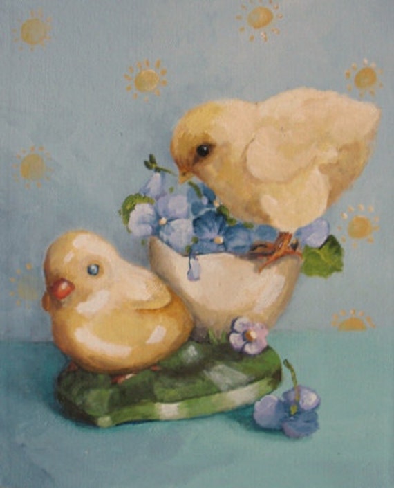 Chicks Eggcup painting original still life violets art Treasury Item