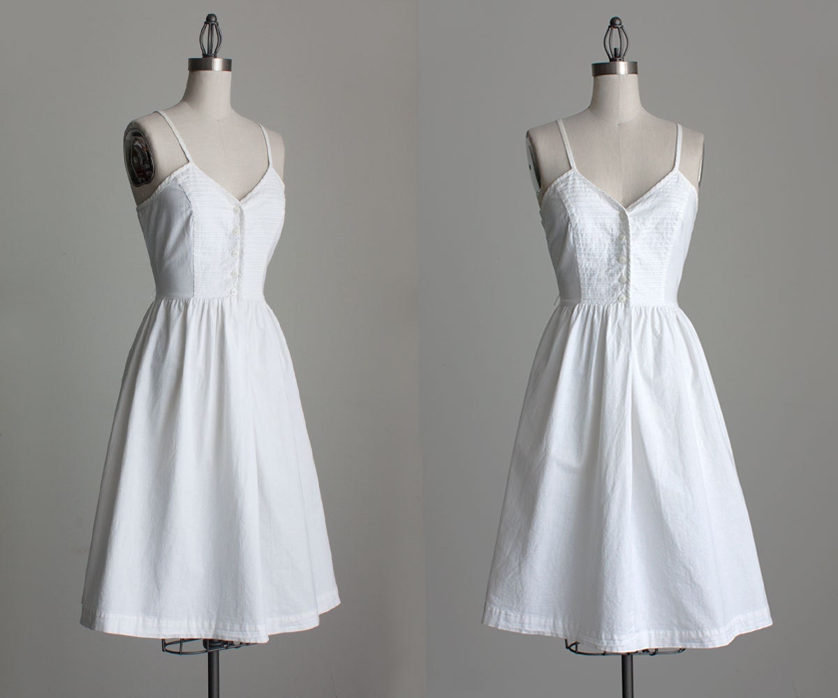 White Sun Dress 1980s Vintage White Full Skirt Cotton Sun