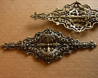 Vintage Filigree, 1970s Antiqued Brass Tone Renaissance Style Ornate Jewelry Findings or Ren Faire Costume Embellishments, 62x23mm, 3 pcs.