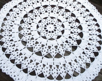White Cotton Crochet Doily Rug in 45" Circle Lacy Pattern Non Skid