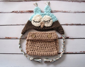 Baby Boy Owl Costume, Newborn Owl Diaper Cover Set, Baby Boy Owl Hat, Baby Boy Halloween Costume, Newborn Photo Prop Set, Baby Animal Hat