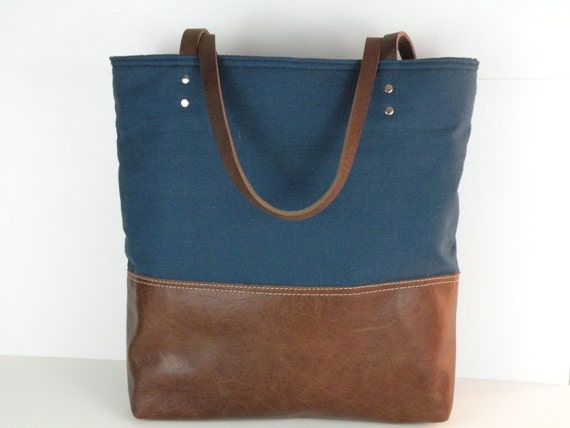 Urban Tote in Cobalt Blue Linen and distressed leather