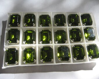 Lot of 4 10x8mm Olivine Octagon Shaped Swarovski Rhinestones in Sew on Settings