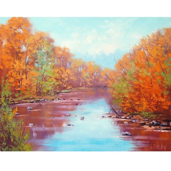 RED ORANGE AUTUMN Painting river fall landscape impressionism