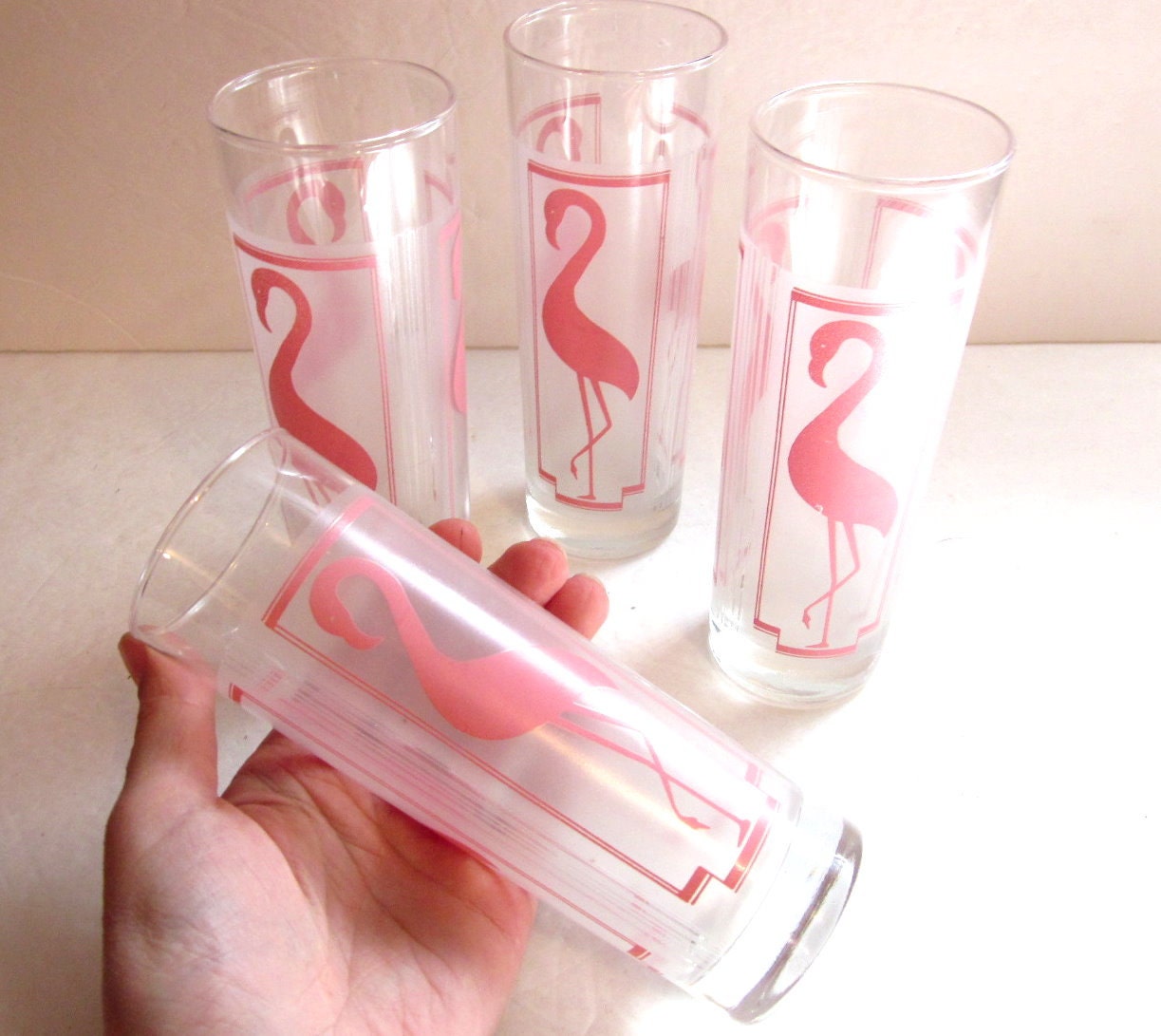 Vintage Tall Pink Flamingo Drinking Glasses