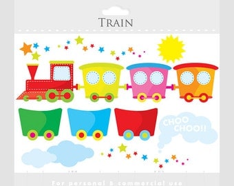 Stitched train clipart - cute train clip art and wagons, sun, clouds, smoke, stars, choo choo for personal and commercial use