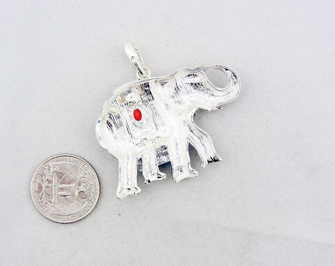 Antique Silver-tone Elephant Pendant with Turquoise Red Cabochons