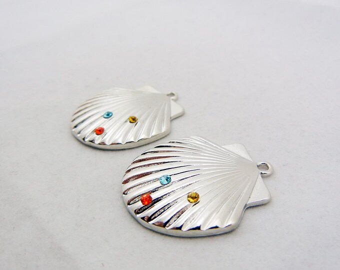 Pair of Silver-tone Shell Charms with Multi Colored Rhinestones