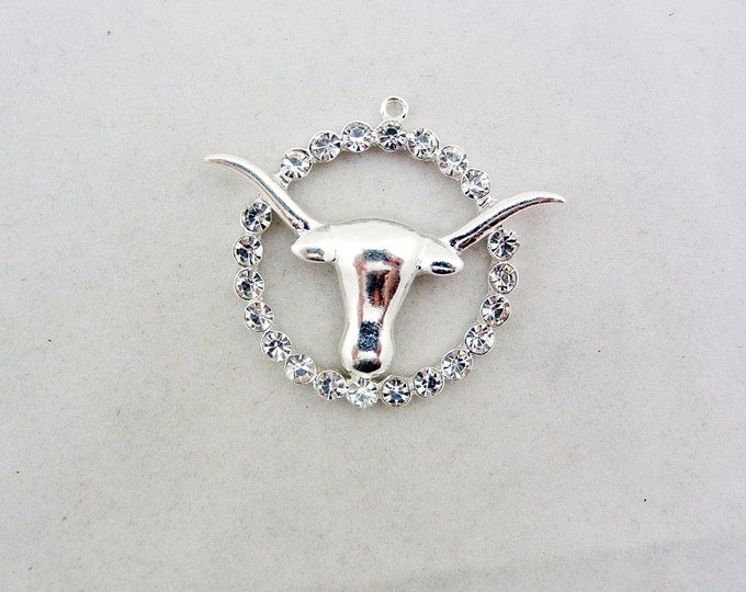 Bright Silver-tone Steer Head in Circle of Rhinestones Pendant