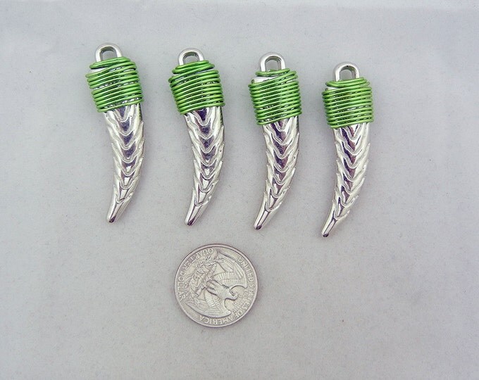 Set of 4 Silver-tone Textured Claw Charms Green or Blue Wire Choose Color