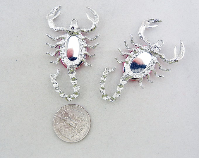 2 Large Textured Silver-tone Scorpion Pendants Faceted Acrylic Cabochon- Choose Your Color