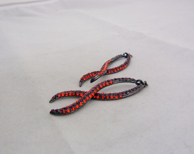 Pair of Hematite Red Rhinestone Ribbon Drops