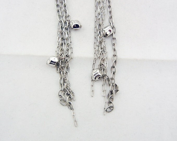 Pair of Rhinestone Ovals with Chains Drop Charms Antique Silver-tone