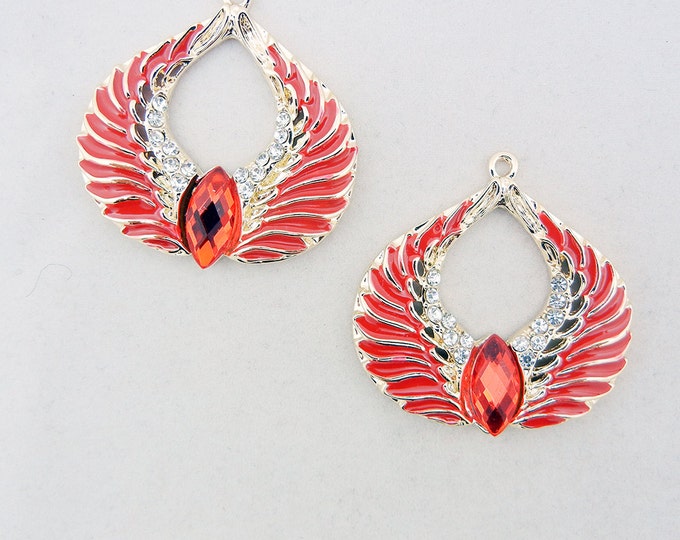 Pair of Double Wing Charms Red Epoxy Gold-tone Rhinestones