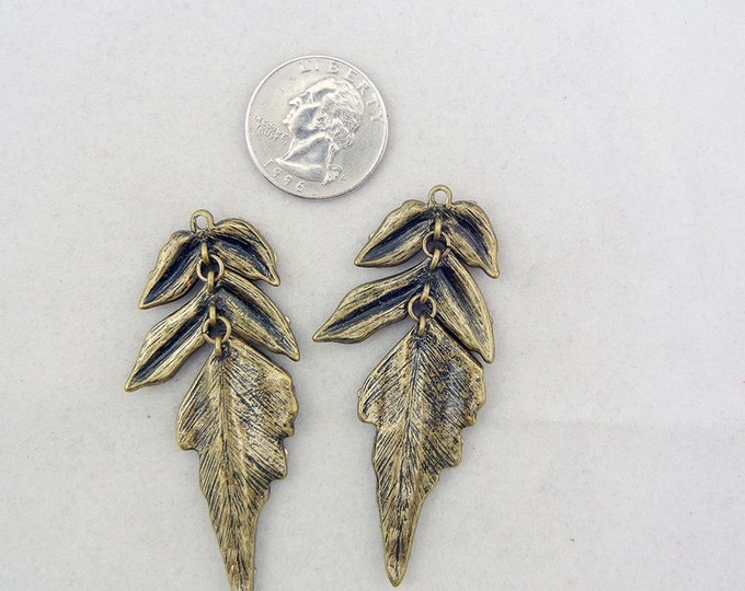Pair of Antique Gold-tone Topaz Rhinestone Leaf Charms Rhinestones