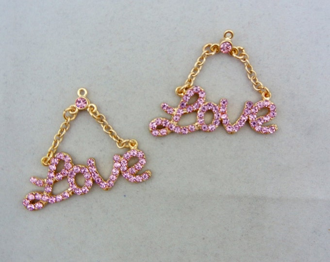 Pair of Pink Rhinestone Love Charms Gold-tone Double Link Chain