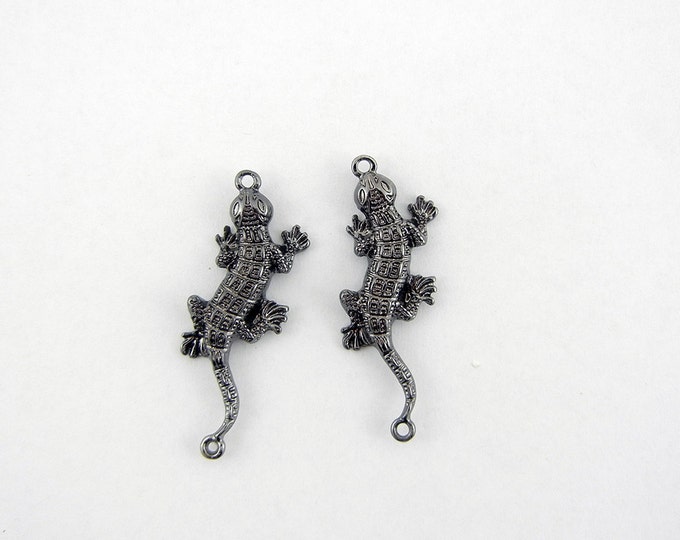 Two Hematite Dark Silver-tone Double Link Lizard Charm Pendants Textured