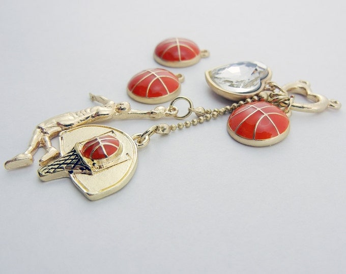 Set of Gold-tone with Orange Epoxy Basketball Charms and Pendant