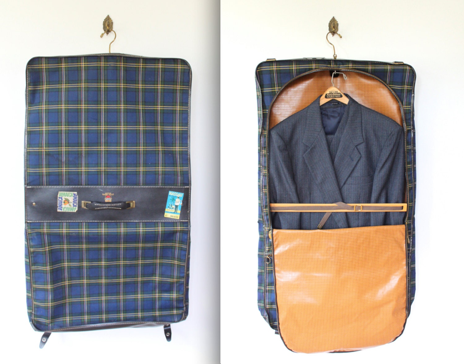vintage garment bag. Plaid suitcase. Blue tartan. 1940s