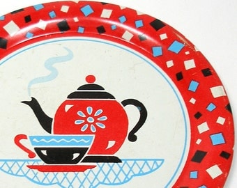 60's Tin Toy Tea plate, Coffee for One, red, white & blue.