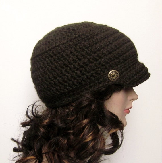 Dark Brown Cadet Hat Womens Crochet Military Cap with Metal