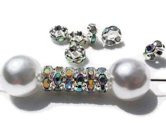 12 Aurora Borealis Rhinestone Spacer Beads, Jewelry making Bead Supply, Graded A, Silver Plated Brass , 8 mm Diameter