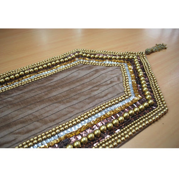 Beaded Table Runner Golden Pearls Sequin Bead Crystal Stone