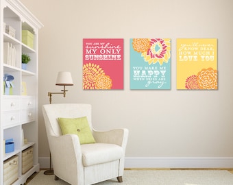 You are My Sunshine Nursery / Kids Room Giclée Art Prints, 3 Print Set, Custom match colors to your nursery/room // N-G03-3PS AA1