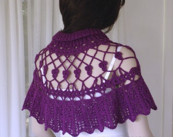 Knitted Lace Capelet, Lace Cape, Knitted and Crocheted Cape, Magenta