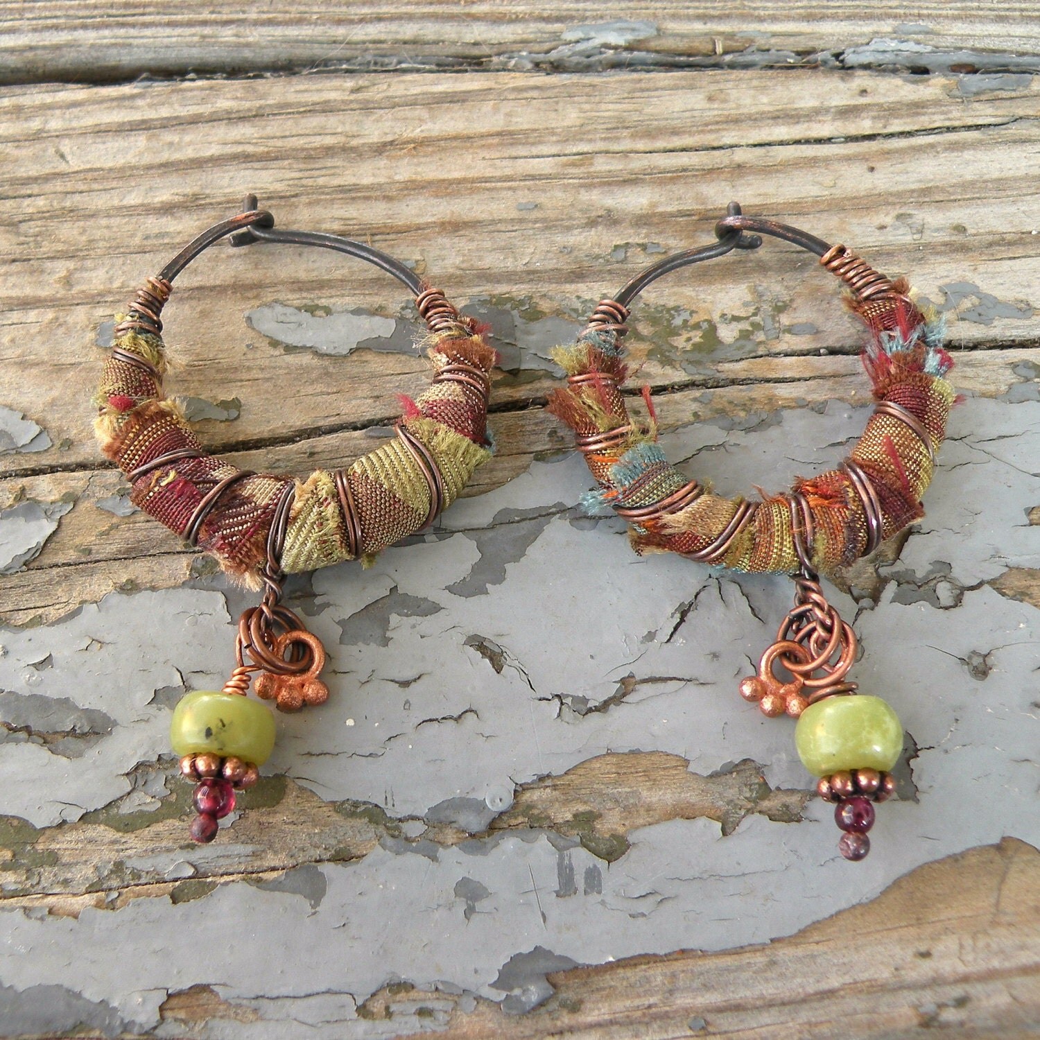 Silk Road Gypsy Hoop Earrings Plaid Silk and Copper Wrapped