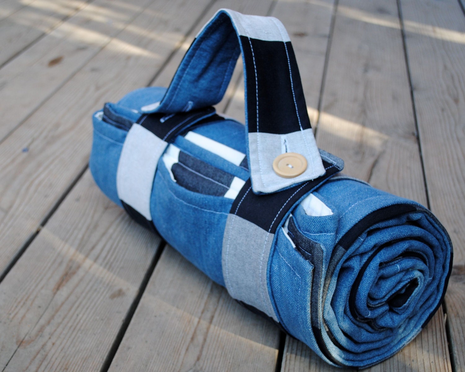 Picnic Blanket Black and White Gingham with Denim by SewnNatural