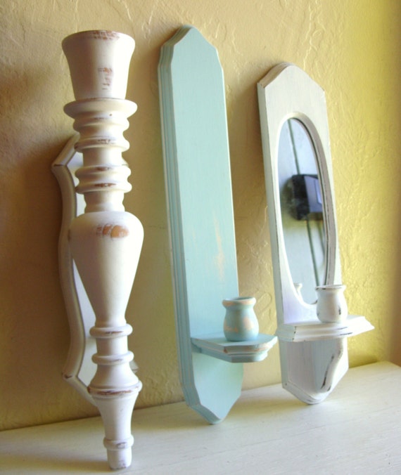 Candle Sconce Trio White and Turquoise Wood Wall by ... on White Wooden Wall Sconces id=62305