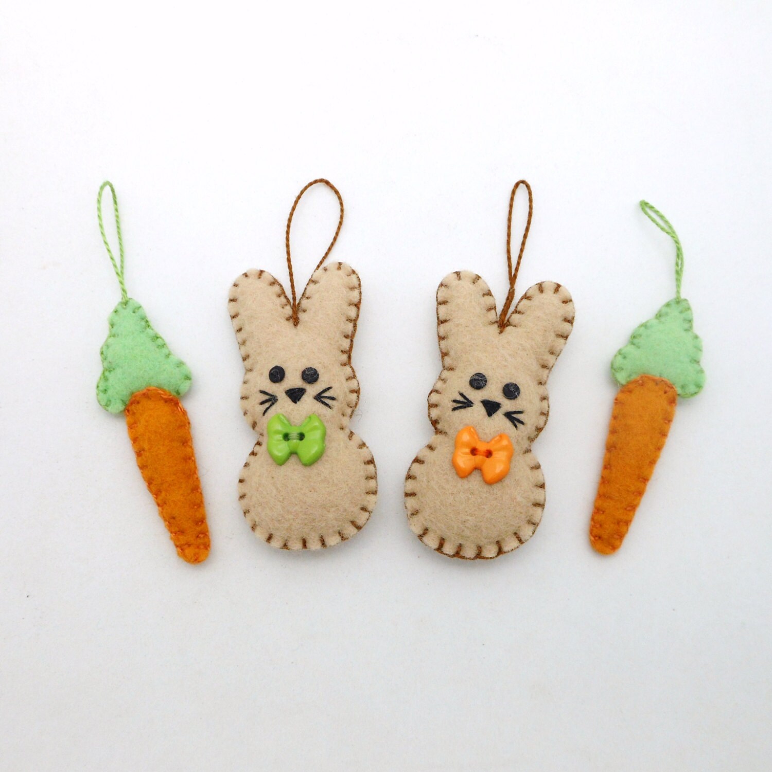 4 Wool Felt Bunny and Carrot Ornaments for Easter 2