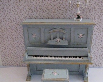 Dollshouse piano and stool, duck egg blue, dollhouse miniature, twelfth scale,