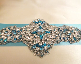 Turquoise Rhinestone Belt Turquoise Blue Rhinestone Crystal Beaded Bridal Wedding Belt
