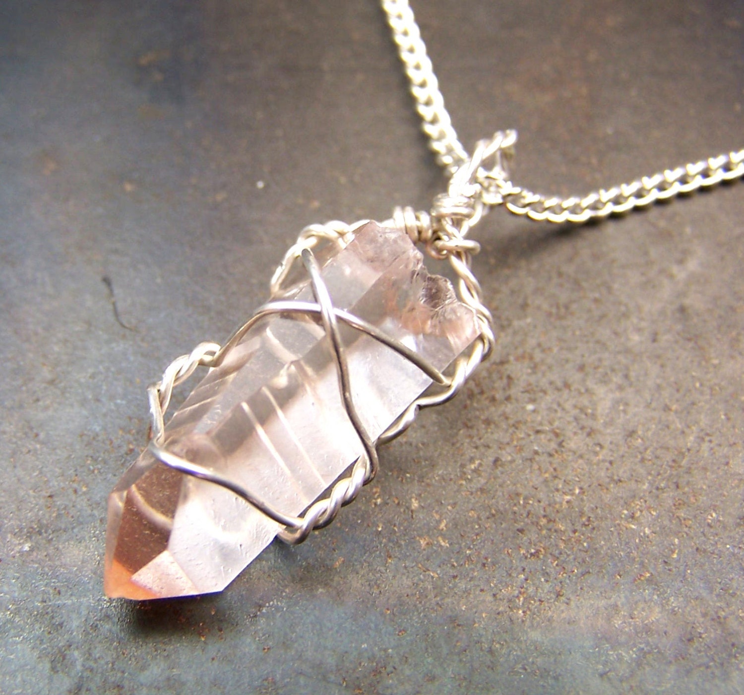 Pink Lemurian Quartz Crystal Wire Wrap Necklace Pendant